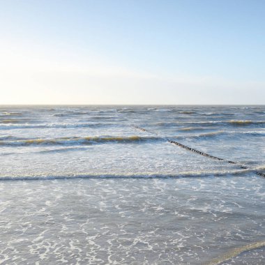 Gün batımında Baltık kıyısı. Yumuşak altın güneş ışığı, parlayan gökyüzü, dalgalar. Idyllic deniz manzarası. Seyahat yerleri, eko turizm, doğa, hava durumu, iklim değişikliği. Resimli panoramik manzara