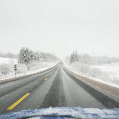 Karla kaplı orman ve arazide boş otoyol (asfalt yol). ABD. Doğa, Noel tatilleri, uzak yerler, kış lastikleri, tehlikeli sürüş konsepti