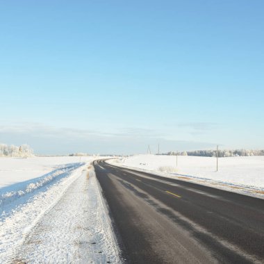 Karla kaplı orman ve kırsal alanda boş otoyol (asfalt yol). Kar sürükleniyor. Avrupa. Doğa, Noel tatilleri, uzak yerler, kış lastikleri, tehlikeli sürüş konsepti