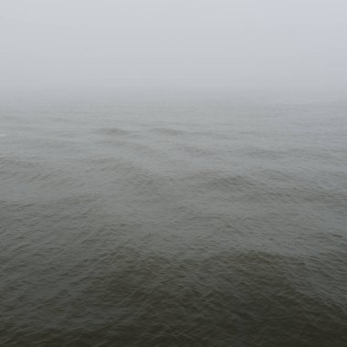 Sis içindeki Baltık Denizi. Dalgalar, su sıçratma, fırtına. Doğal dokular. Resimli panoramik monokrom manzarası, deniz manzarası. Doğa, çevre, sert hava, tehlike