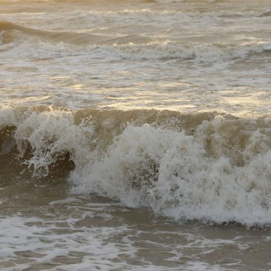 Fırtınadan sonra Baltık kıyıları. Gün batımı, yumuşak güneş ışığı. Su yüzeyi dokusu, çarpan dalgalar, sıçramalar, köpük. Resimli panoramik manzara. Idyllic deniz manzarası. Doğa, çevre, ekoloji temaları