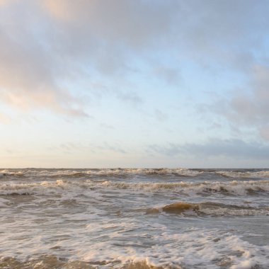 Gün batımında Baltık Denizi. Dramatik gökyüzü, mavi ve pembe parlayan bulutlar, altın güneş ışığı. Dalgalar, su sıçratma. Resimli manzara, deniz manzarası, doğa. Panoramik görünüm,