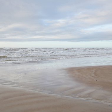 Fırtınadan sonra Baltık Denizi. Gün batımı. Kumsal. Resimli manzara, deniz manzarası, doğa. Panoramik manzara. Ekoloji, eko turizm, yürüyüş kavramları