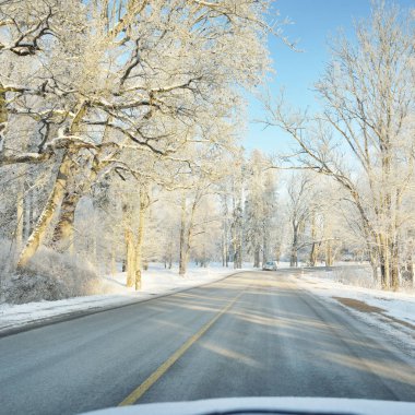 Karla kaplı orman ve kırsal alanda boş otoyol (asfalt yol). Kar sürükleniyor. Avrupa. Doğa, Noel tatilleri, uzak yerler, kış lastikleri, tehlikeli sürüş konsepti