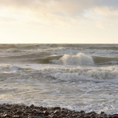 Gün batımında Baltık Denizi. Dramatik gökyüzü, mavi ve pembe parlayan bulutlar, altın güneş ışığı. Dalgalar, su sıçratma. Resimli manzara, deniz manzarası, doğa. Panoramik görünüm,