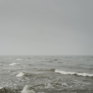 Sis içindeki Baltık Denizi. Dalgalar, su sıçratma, fırtına. Doğal dokular. Resimli panoramik monokrom manzarası, deniz manzarası. Doğa, çevre, sert hava, tehlike