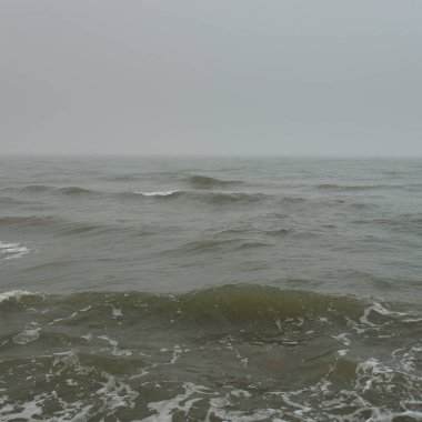 Sis içindeki Baltık Denizi. Dalgalar, su sıçratma, fırtına. Doğal dokular. Resimli panoramik monokrom manzarası, deniz manzarası. Doğa, çevre, sert hava, tehlike