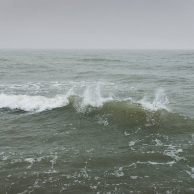 Baltic sea in a fog. Waves, splashing water, storm. Natural textures. Picturesque panoramic monochrome scenery, seascape. Nature, environment, rough weather, danger
