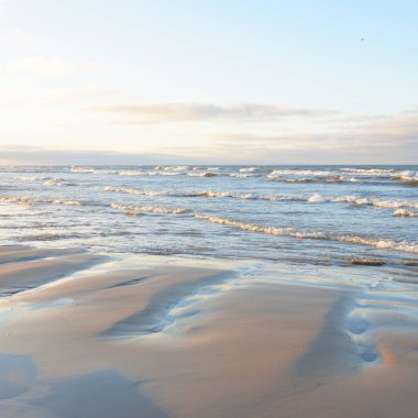 Gün batımında Baltık kıyılarından panoramik manzara. Dramatik bulutlar, parlayan bulutlar, fırtınadan sonra altın güneş ışığı. Doğa, çevre, iklim değişikliği, kararsız hava
