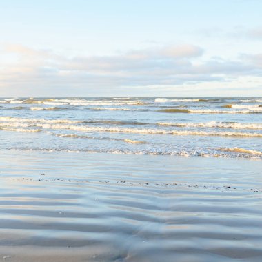Gün batımında Baltık kıyılarından panoramik manzara. Dramatik bulutlar, parlayan bulutlar, fırtınadan sonra altın güneş ışığı. Doğa, çevre, iklim değişikliği, kararsız hava