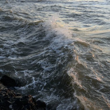 Deniz suyu yüzeyi dokusu. Yumuşak güneş ışığı. Panoramik görüntü, grafik kaynaklar. Doğa, çevre kavramları