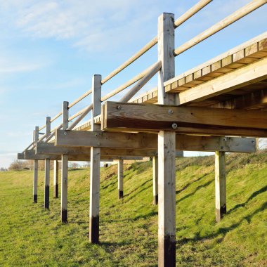 Modern ahşap yürüyüş yolu (bisiklet yolu, tahta yol). Eğlence alanı, orman parkı. Yumuşak güneş ışığı, açık gökyüzü. Baharın başında. Idyllic manzara. Doğa, çevre, ekoloji, eko-turizm, tatiller, hafta sonu