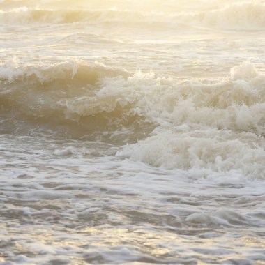 Fırtınadan sonra Baltık kıyıları. Gün batımı, yumuşak güneş ışığı. Su yüzeyi dokusu, çarpan dalgalar, sıçramalar, köpük. Resimli panoramik manzara. Idyllic deniz manzarası. Doğa, çevre, ekoloji temaları