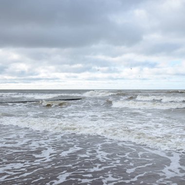 Fırtınadan sonra Baltık Denizi. Dramatik gökyüzü, parlayan bulutlar, yumuşak güneş ışığı. Dalgalar, su sıçratma. Resimli manzara, deniz manzarası, doğa. Panoramik görünüm