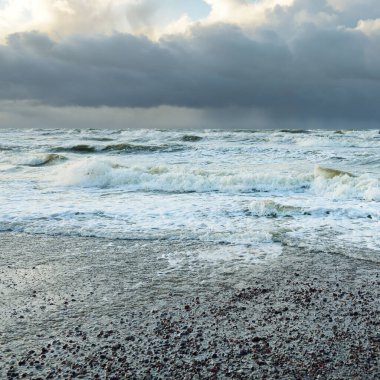 Fırtınadan sonra Baltık kıyıları (kum tepeleri, plaj). Dramatik gökyüzü, parlayan bulutlar. Resimli panoramik manzara. Doğa, çevre, ekoloji, eko-turizm, yürüyüş, keşif kavramları