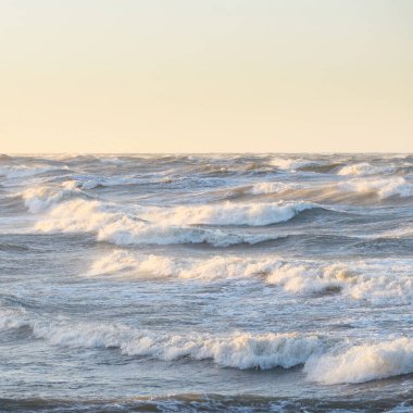 Gün batımında Baltık kıyısı. Yumuşak altın güneş ışığı, parlayan gökyüzü, dalgalar. Idyllic deniz manzarası. Seyahat yerleri, eko turizm, doğa, hava durumu, iklim değişikliği. Resimli panoramik manzara