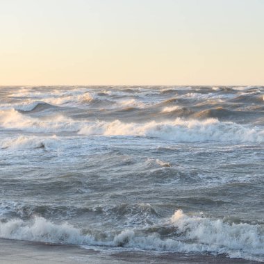 Gün batımında Baltık kıyısı. Yumuşak altın güneş ışığı, parlayan gökyüzü, dalgalar. Idyllic deniz manzarası. Seyahat yerleri, eko turizm, doğa, hava durumu, iklim değişikliği. Resimli panoramik manzara