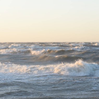 Gün batımında Baltık kıyısı. Yumuşak altın güneş ışığı, parlayan gökyüzü, dalgalar. Idyllic deniz manzarası. Seyahat yerleri, eko turizm, doğa, hava durumu, iklim değişikliği. Resimli panoramik manzara