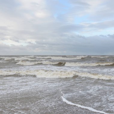 Fırtınadan sonra Baltık Denizi. Gün batımı. Resimli panoramik manzara, deniz manzarası. Doğa, çevre, sert hava, iklim değişikliği