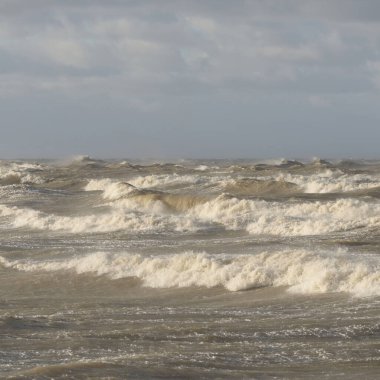 Fırtınadan sonra Baltık Denizi. Gün batımı. Resimli panoramik manzara, deniz manzarası. Doğa, çevre, sert hava, iklim değişikliği