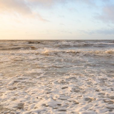 Gün batımında Baltık Denizi. Dramatik gökyüzü, mavi ve pembe parlayan bulutlar, altın güneş ışığı. Dalgalar, su sıçratma. Resimli manzara, deniz manzarası, doğa. Panoramik görünüm,