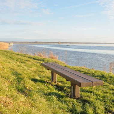 Modern dinlenme alanı, orman parkı, göl. Tahta banklar, masalar. Kamp alanı. Yumuşak güneş ışığı, açık gökyüzü. Baharın başında. Idyllic manzara. Doğa, çevre, ekoloji, eko-turizm, tatiller, hafta sonu