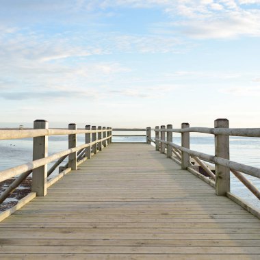 Modern ahşap yürüyüş yolu (bisiklet yolu, tahta yol). Eğlence alanı, orman parkı. Yumuşak güneş ışığı, açık gökyüzü. Baharın başında. Idyllic manzara. Doğa, çevre, ekoloji, eko-turizm, tatiller, hafta sonu