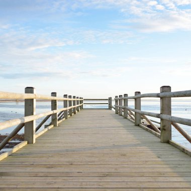 Modern ahşap yürüyüş yolu (bisiklet yolu, tahta yol). Eğlence alanı, orman parkı. Yumuşak güneş ışığı, açık gökyüzü. Baharın başında. Idyllic manzara. Doğa, çevre, ekoloji, eko-turizm, tatiller, hafta sonu