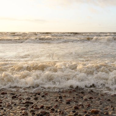Gün batımında Baltık Denizi. Dramatik gökyüzü, mavi ve pembe parlayan bulutlar, altın güneş ışığı. Dalgalar, su sıçratma. Resimli manzara, deniz manzarası, doğa. Panoramik görünüm,