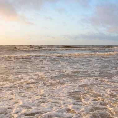 Gün batımında Baltık Denizi. Dramatik gökyüzü, mavi ve pembe parlayan bulutlar, altın güneş ışığı. Dalgalar, su sıçratma. Resimli manzara, deniz manzarası, doğa. Panoramik görünüm,