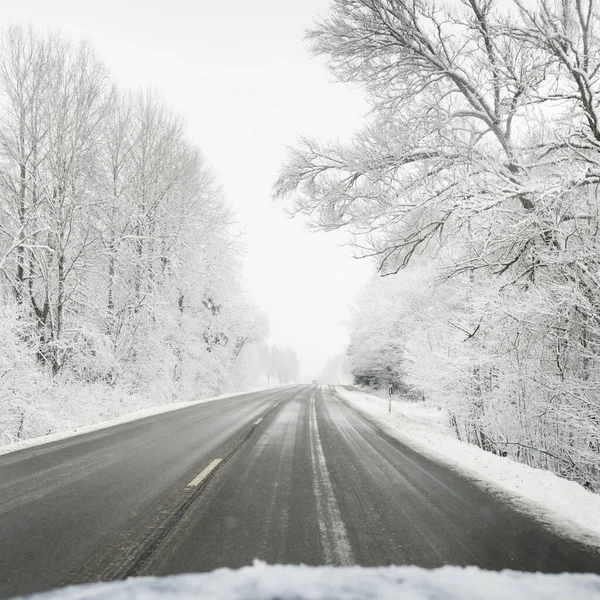 Empty Highway Asphalt Road Snow Covered Forest Rural Area View — 스톡 사진