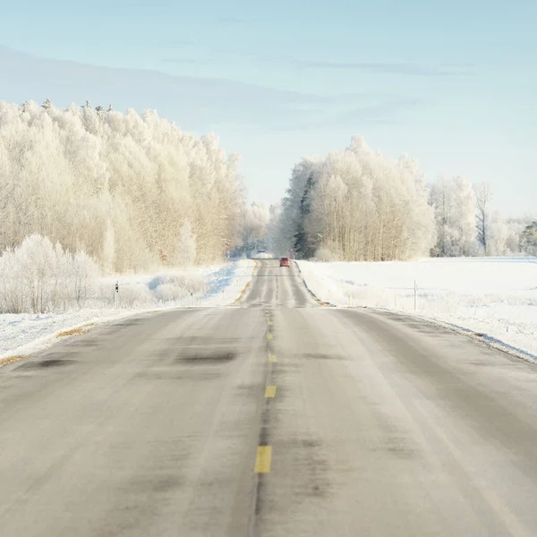 Empty Highway Asphalt Road Snow Covered Forest Fields Rural Area — Zdjęcie stockowe