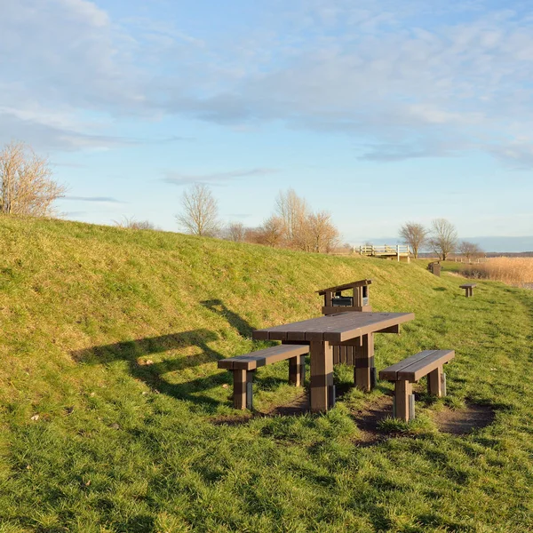 Modern Recreation Area Forest Park Lake Wooden Benches Tables Camping — Fotografia de Stock