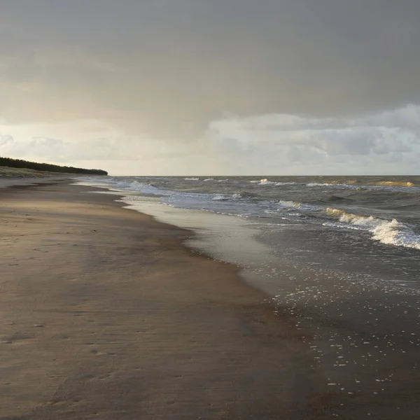 Gün batımında Baltık kıyıları (kum tepeleri). Yumuşak güneş ışığı, parlayan bulutlar, dalgalar ve su fışkıran berrak gökyüzü. Idyllic deniz manzarası. Liepaja, Letonya, Avrupa. Sıcak kış havası, iklim değişikliği, doğa