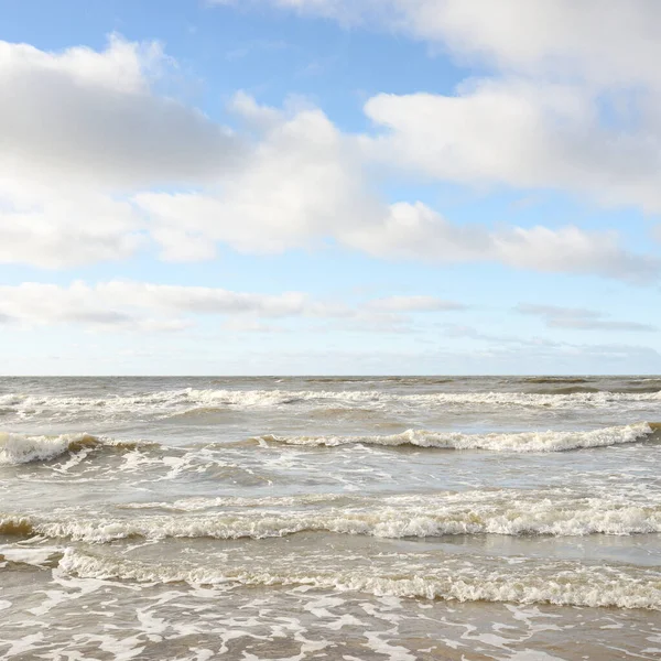 Fırtınadan sonra Baltık Denizi. Dramatik gökyüzü, parlayan bulutlar, yumuşak güneş ışığı. Dalgalar, su sıçratma. Resimli manzara, deniz manzarası, doğa. Panoramik görünüm