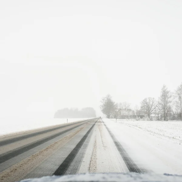 Empty Highway Asphalt Road Snow Covered Forest Fields Rural Area — 스톡 사진