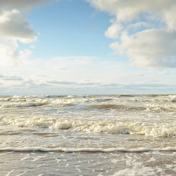 Kumlu bir sahilden (kum tepeleri) Baltık denizinin panoramik görüntüsü. Parlayan bulutlarla, dalgalarla ve su sıçramalarıyla berrak bir gökyüzü. Idyllic deniz manzarası. Sıcak kış havası, iklim değişikliği, doğa