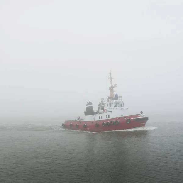 Tug boat in a thick fog. Baltic sea. Winter seascape. Freight transportation, nautical vessel, logistics, industry, commerce, economy