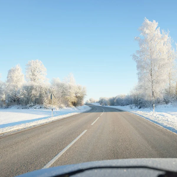 Empty Highway Asphalt Road Snow Covered Forest Fields Rural Area — 스톡 사진