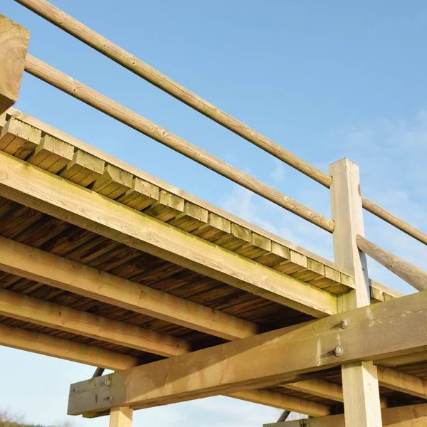 Modern ahşap yürüyüş yolu (bisiklet yolu, tahta yol). Eğlence alanı, orman parkı. Yumuşak güneş ışığı, açık gökyüzü. Baharın başında. Idyllic manzara. Doğa, çevre, ekoloji, eko-turizm, tatiller, hafta sonu