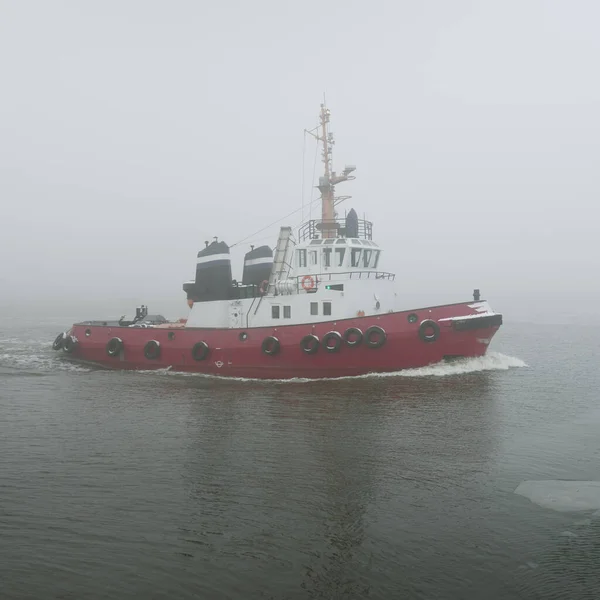 Tug Boat Thick Fog Baltic Sea Winter Seascape Freight Transportation — Foto Stock