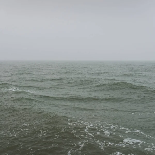 Sis içindeki Baltık Denizi. Dalgalar, su sıçratma, fırtına. Doğal dokular. Resimli panoramik monokrom manzarası, deniz manzarası. Doğa, çevre, sert hava, tehlike
