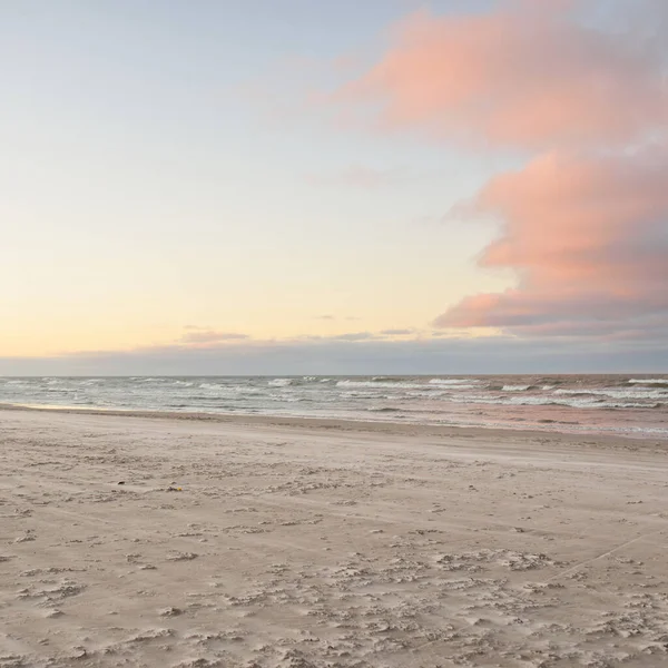 Gün batımında Baltık kıyılarından panoramik manzara. Dramatik bulutlar, parlayan bulutlar, fırtınadan sonra altın güneş ışığı. Doğa, çevre, iklim değişikliği, kararsız hava
