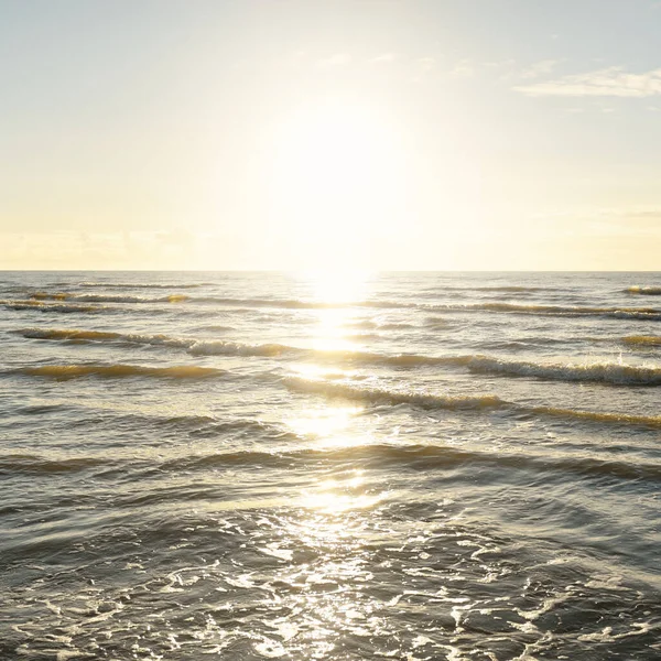 Kumlu bir sahilden (kum tepeleri) Baltık denizinin panoramik görüntüsü. Parlayan bulutlarla, dalgalarla ve su sıçramalarıyla berrak bir gökyüzü. Idyllic deniz manzarası. Sıcak kış havası, iklim değişikliği, doğa