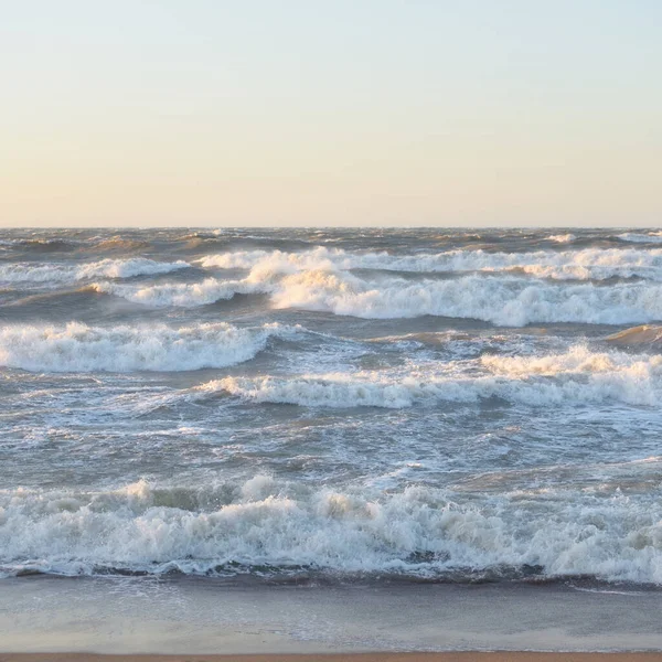 Gün batımında Baltık kıyısı. Yumuşak altın güneş ışığı, parlayan gökyüzü, dalgalar. Idyllic deniz manzarası. Seyahat yerleri, eko turizm, doğa, hava durumu, iklim değişikliği. Resimli panoramik manzara