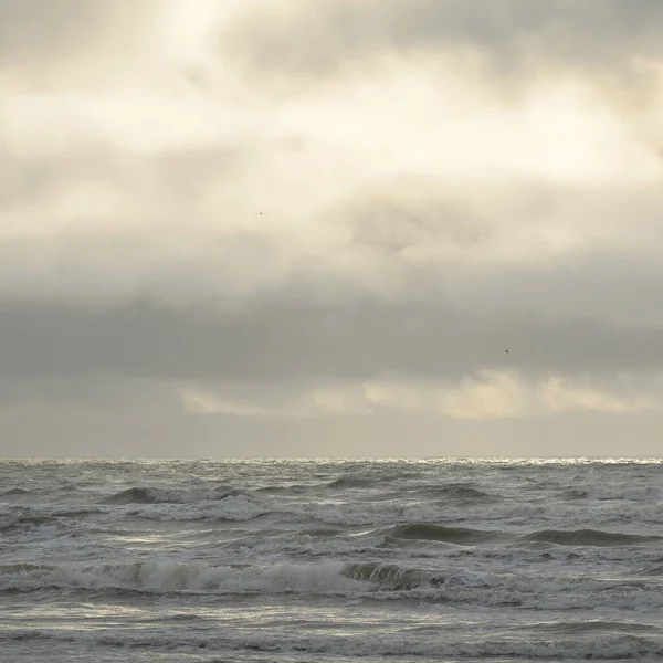 Fırtınadan sonra Baltık Denizi. Yumuşak günbatımı ışığı, çarpıcı parlayan bulutlar. Deniz manzarası, bulutlar, doğa. Panoramik manzara. Ekoloji, iklim değişikliği, hava durumu
