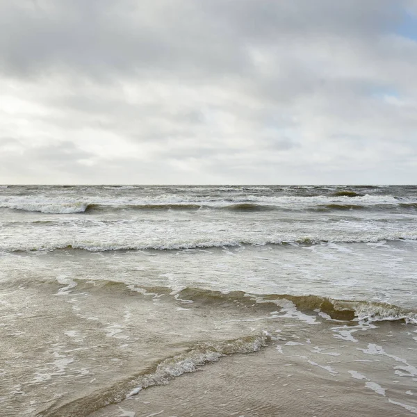 Kumlu sahilden Baltık denizinin panoramik görüntüsü (kum tepeleri). Parlak bulutlu dramatik bir gökyüzü. Dalgalar, su sıçramaları. Idyllic deniz manzarası. Bahar havası, iklim değişikliği, doğa