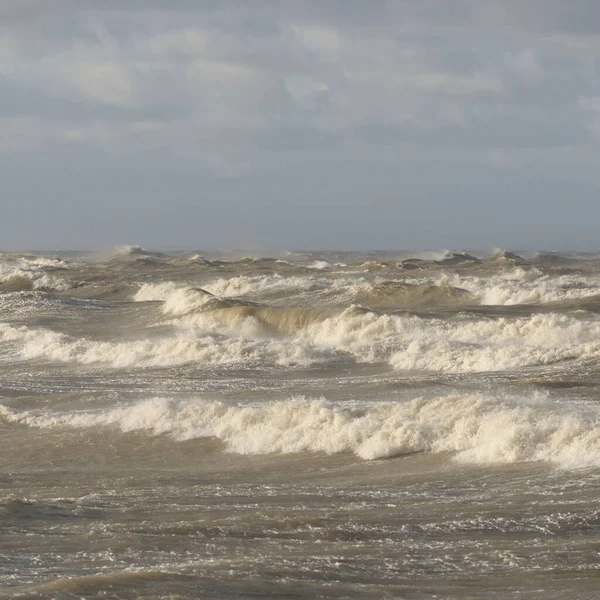 Fırtınadan sonra Baltık Denizi. Gün batımı. Resimli panoramik manzara, deniz manzarası. Doğa, çevre, sert hava, iklim değişikliği