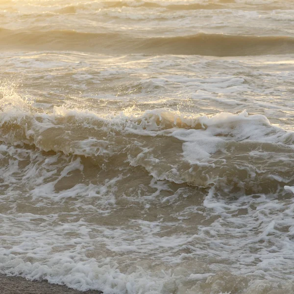 Fırtınadan sonra Baltık kıyıları. Gün batımı, yumuşak güneş ışığı. Su yüzeyi dokusu, çarpan dalgalar, sıçramalar, köpük. Resimli panoramik manzara. Idyllic deniz manzarası. Doğa, çevre, ekoloji temaları