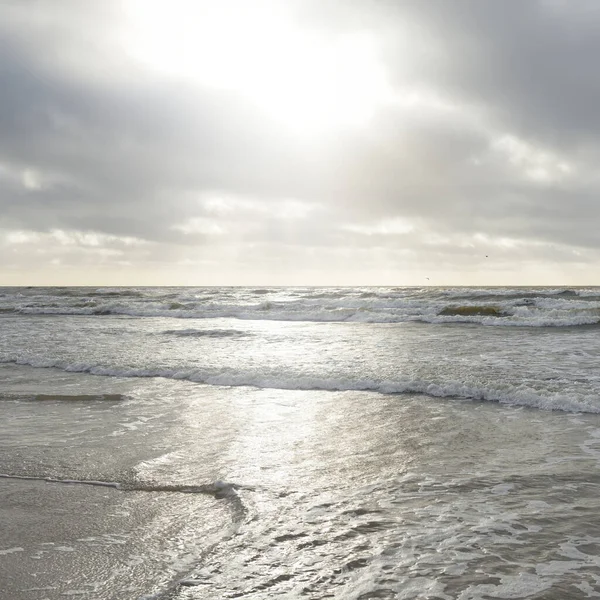 Kumlu sahilden Baltık denizinin panoramik görüntüsü (kum tepeleri). Parlak bulutlu dramatik bir gökyüzü. Dalgalar, su sıçramaları. Idyllic deniz manzarası. Bahar havası, iklim değişikliği, doğa